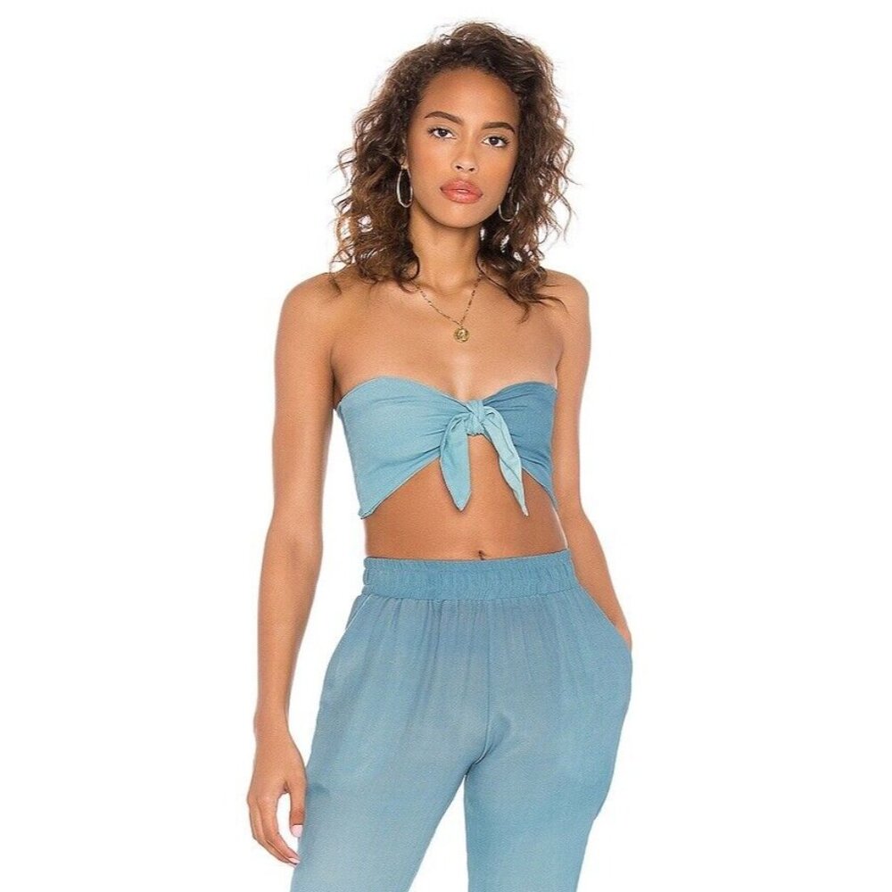 BEACH RIOT Audrey Scarf Top Blue Smoke Ombre Crop Front Tie